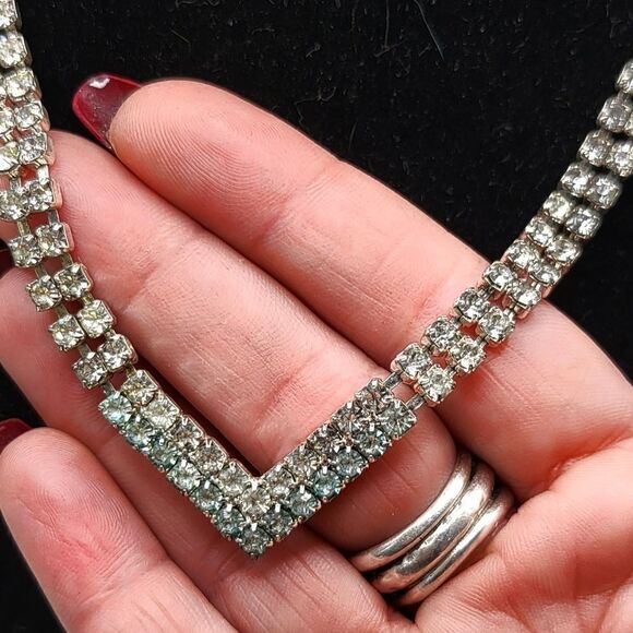 "5/$25" Silvertone Aqua and Clear Rhinestone Cocktail Necklace - Picture 7 of 9